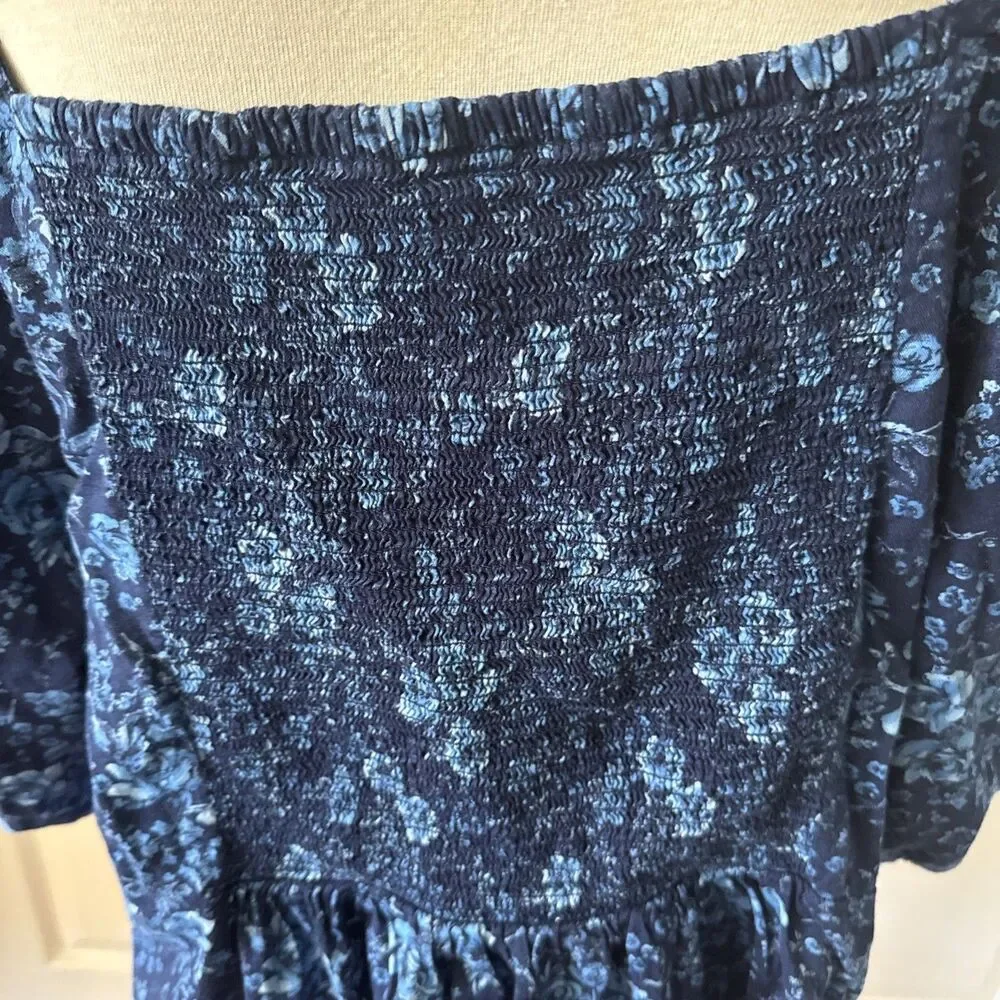 Old Navy Womens Plus 3X Floral Top Peasant Milkmaid Blue Cottagecore Shirred